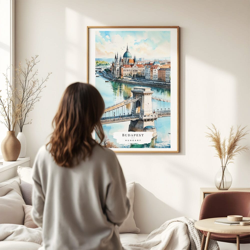 03 - Framed  Budapest Hungary Watercolor Wall Art - In Living Room with Woman Looking at it - Portrait.jpg 03 - Framed Budapest Hungary Watercolor Wall Art - In Living Room with Woman Looking at it - Portrait.jpg
