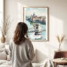 03 - Framed Budapest Hungary Watercolor Wall Art - In Living Room with Woman Looking at it - Portrait.jpg