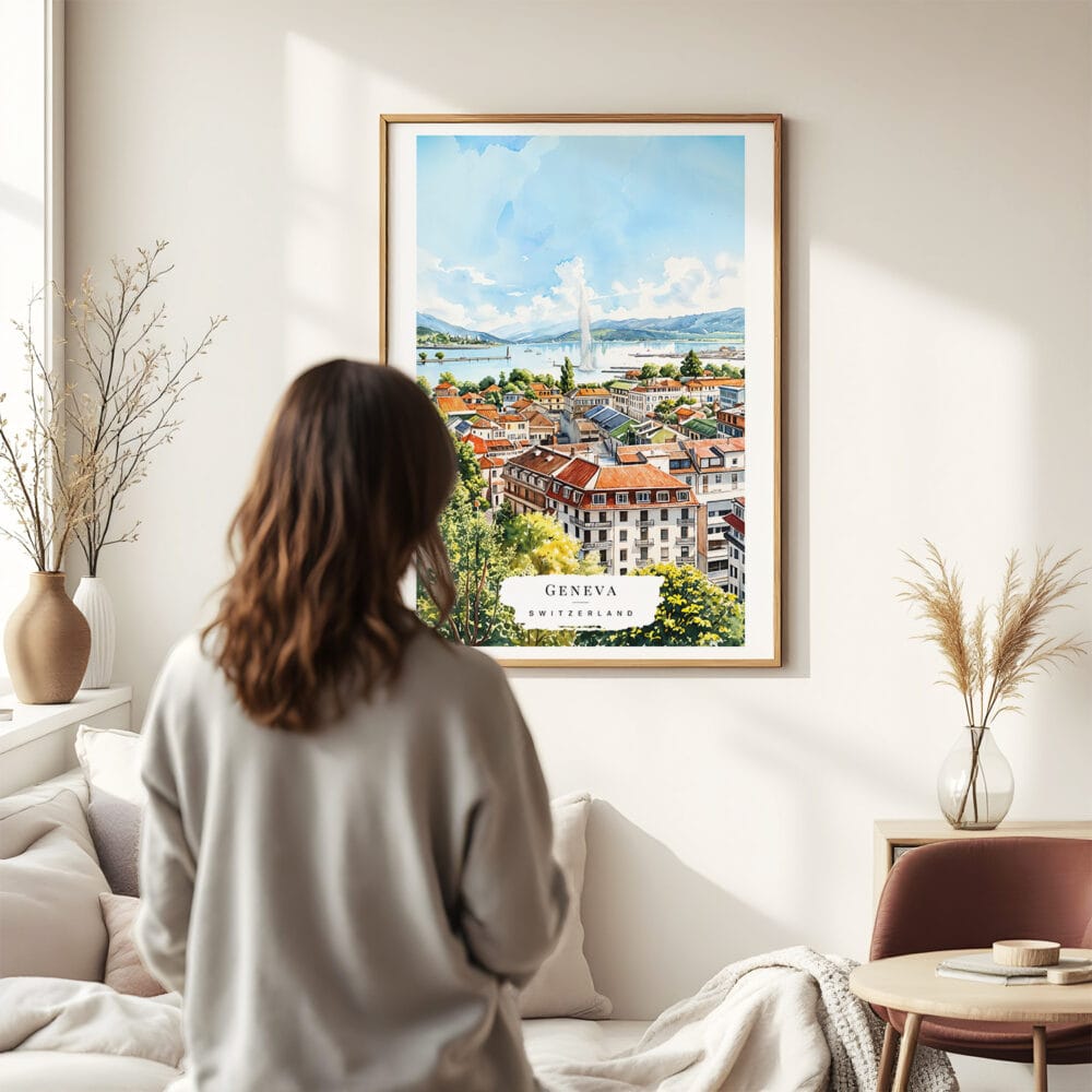 03 - Framed Geneva Switzerland Watercolor Wall Art - In Living Room with Woman Looking at it - Portrait.jpg 03 - Framed Geneva Switzerland Watercolor Wall Art - In Living Room with Woman Looking at it - Portrait.jpg