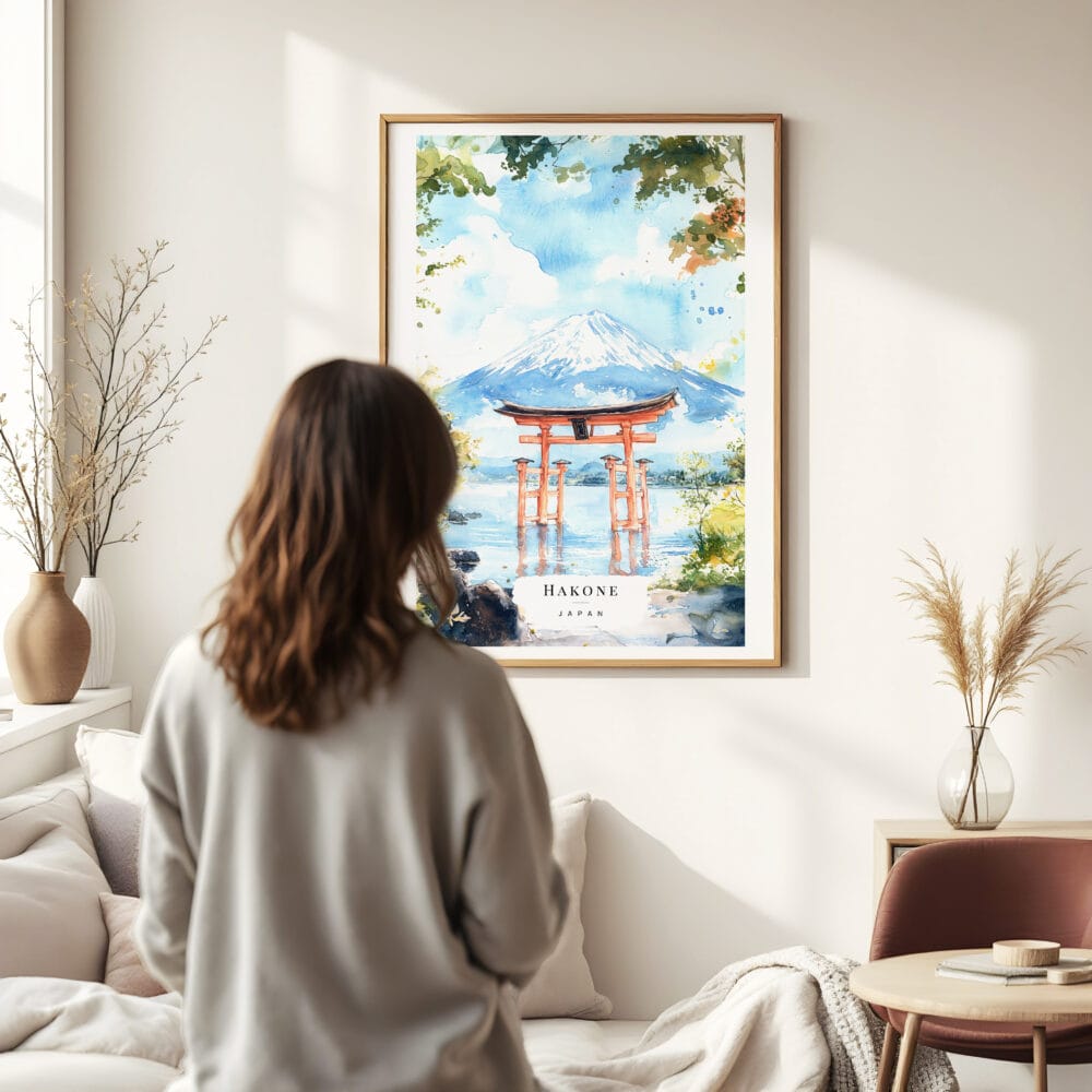 03 - Framed Hakone Gate Watercolor Wall Art - In Living Room with Woman Looking at it - Portrait 03 - Framed Hakone Gate Watercolor Wall Art - In Living Room with Woman Looking at it - Portrait