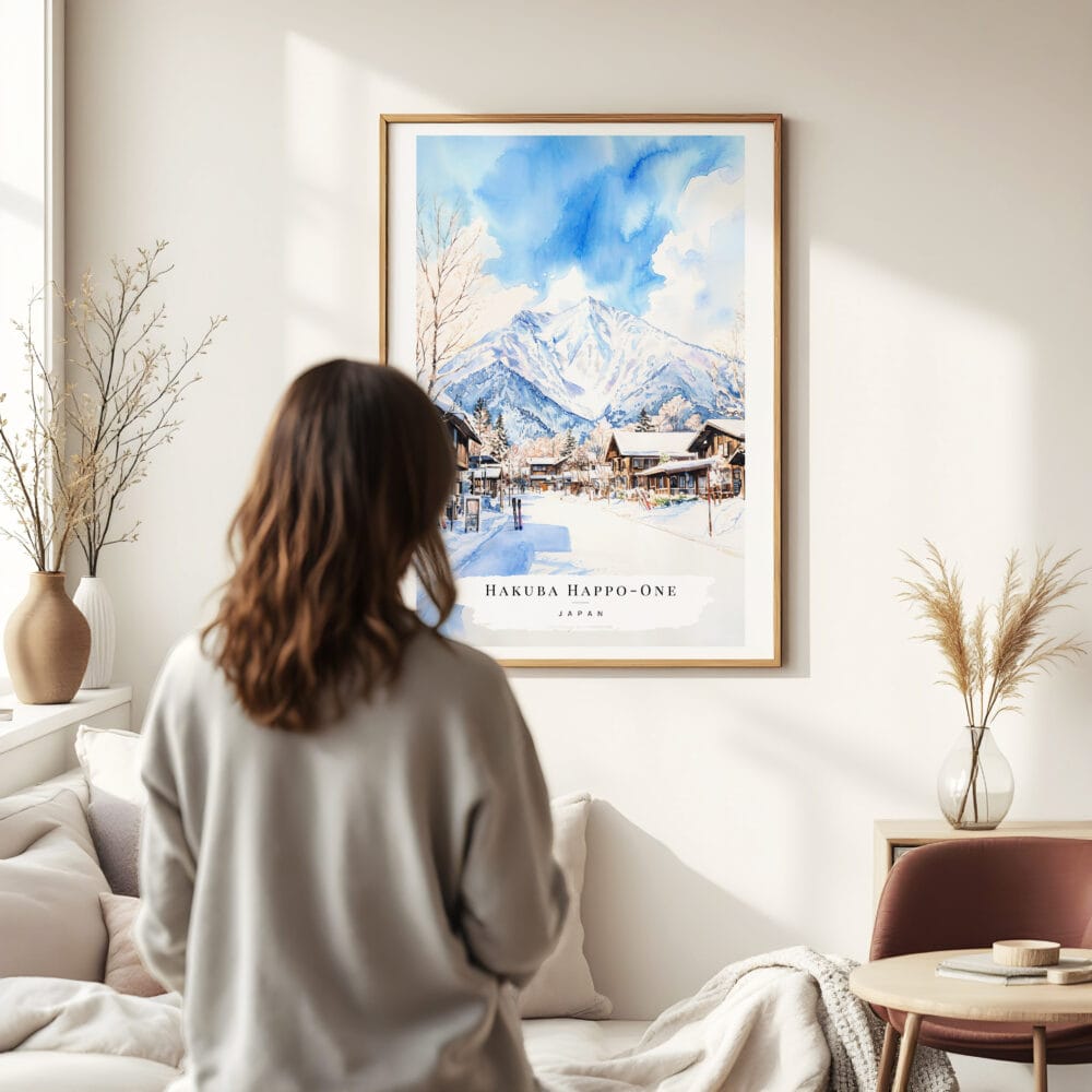 03 - Framed Hakuba Happo One Japan Watercolor Wall Art - In Living Room with Woman Looking at it - Portrait 03 - Framed Hakuba Happo One Japan Watercolor Wall Art - In Living Room with Woman Looking at it - Portrait
