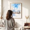 03 - Framed Hakuba Happo One Japan Watercolor Wall Art - In Living Room with Woman Looking at it - Portrait