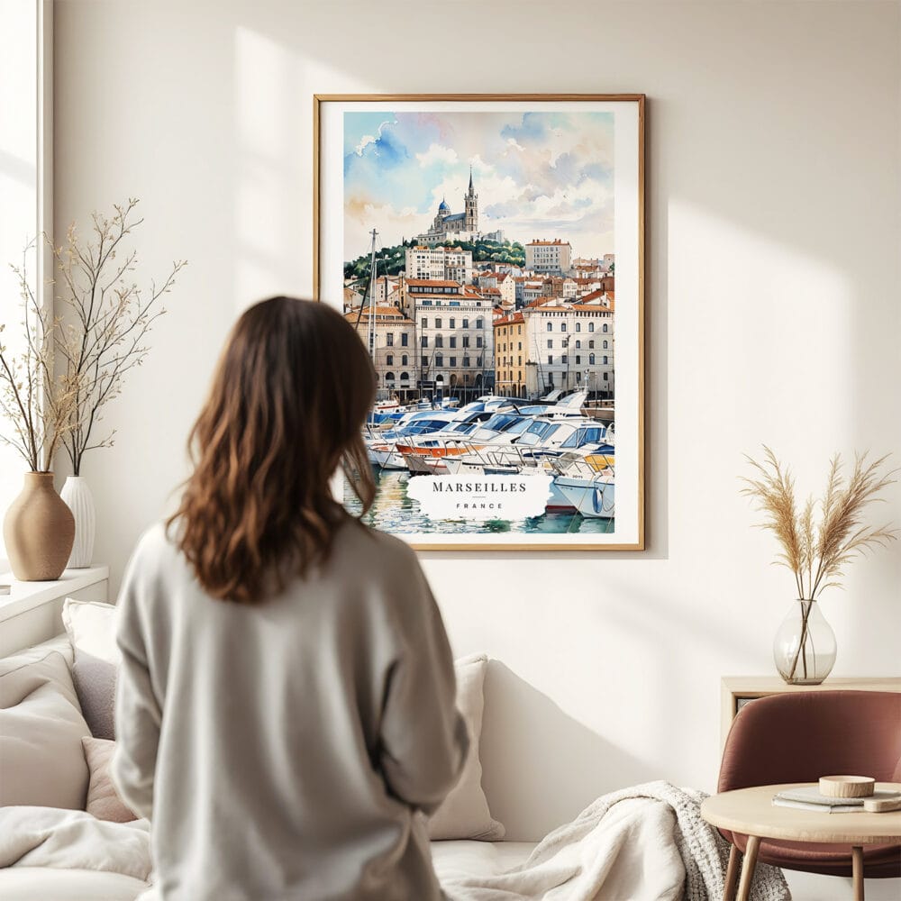 03 - Framed Marseilles Watercolor Wall Art - In Living Room with Woman Looking at it - Portrait.jpg 03 - Framed Marseilles Watercolor Wall Art - In Living Room with Woman Looking at it - Portrait.jpg