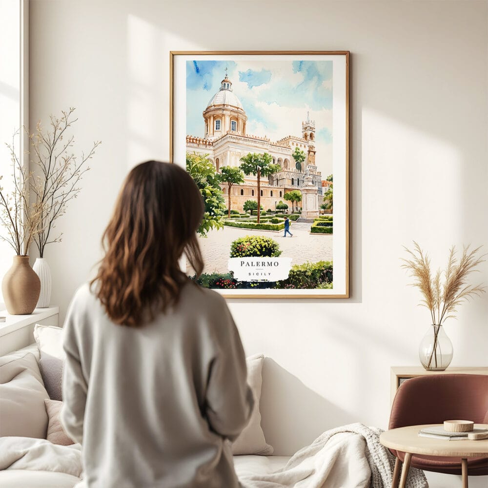 03 - Framed Palermo Watercolor Wall Art - In Living Room with Woman Looking at it - Portrait.jpg 03 - Framed Palermo Watercolor Wall Art - In Living Room with Woman Looking at it - Portrait.jpg