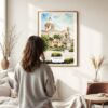 03 - Framed Palermo Watercolor Wall Art - In Living Room with Woman Looking at it - Portrait.jpg