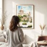 03 - Framed Palermo Watercolor Wall Art - In Living Room with Woman Looking at it - Portrait.jpg