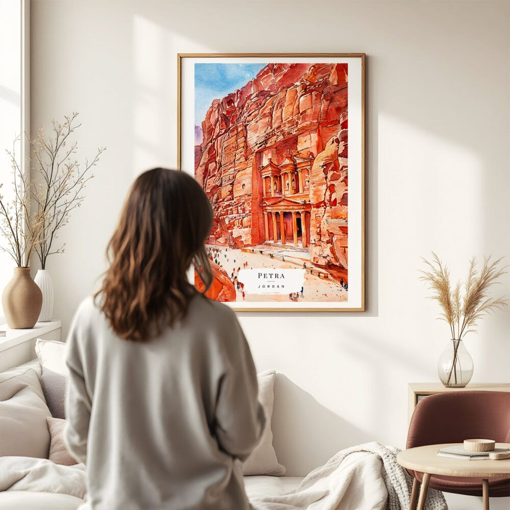 03 - Framed  Petra Jordan Watercolor Wall Art - In Living Room with Woman Looking at it - Portrait.jpg 03 - Framed Petra Jordan Watercolor Wall Art - In Living Room with Woman Looking at it - Portrait.jpg