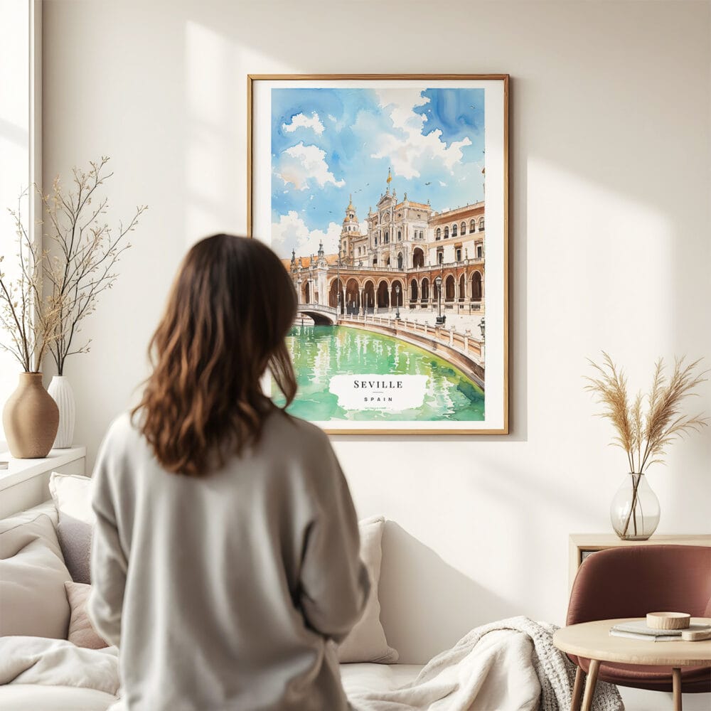 03 - Framed Seville Plaza De Espana Watercolor Wall Art - In Living Room with Woman Looking at it - Portrait.jpg 03 - Framed Seville Plaza De Espana Watercolor Wall Art - In Living Room with Woman Looking at it - Portrait.jpg