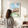 03 - Framed Seville Plaza De Espana Watercolor Wall Art - In Living Room with Woman Looking at it - Portrait.jpg