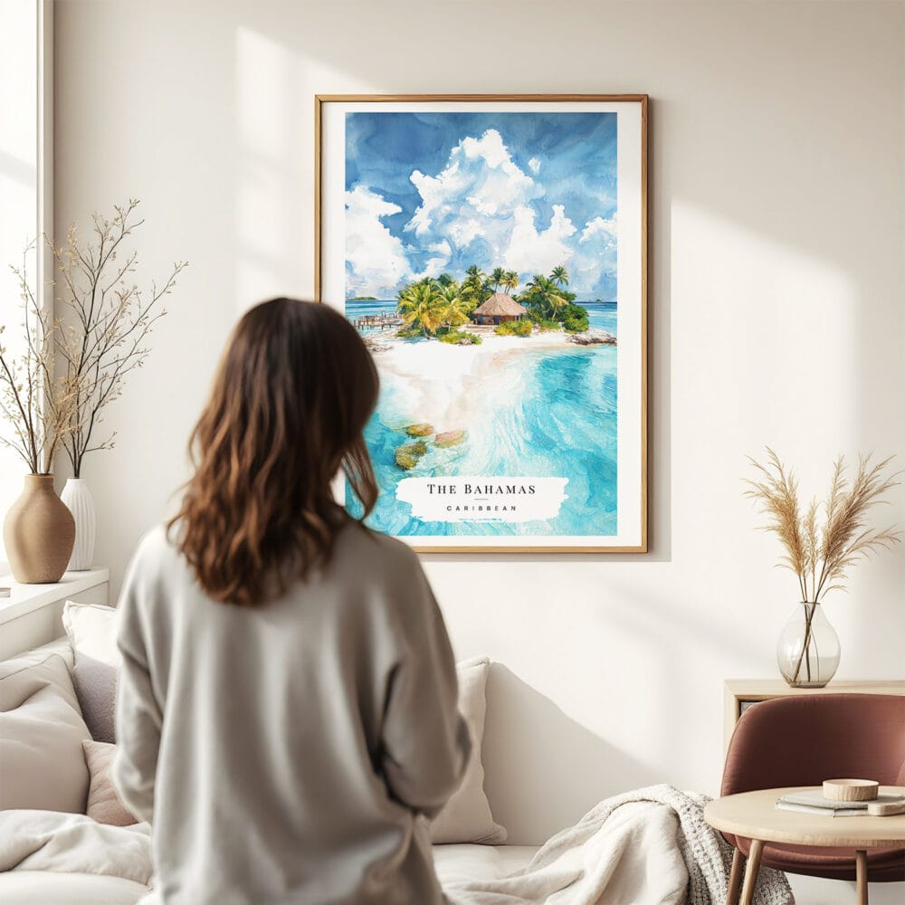 03 - Framed  The Bahamas Watercolor Wall Art - In Living Room with Woman Looking at it - Portrait.jpg 03 - Framed The Bahamas Watercolor Wall Art - In Living Room with Woman Looking at it - Portrait.jpg