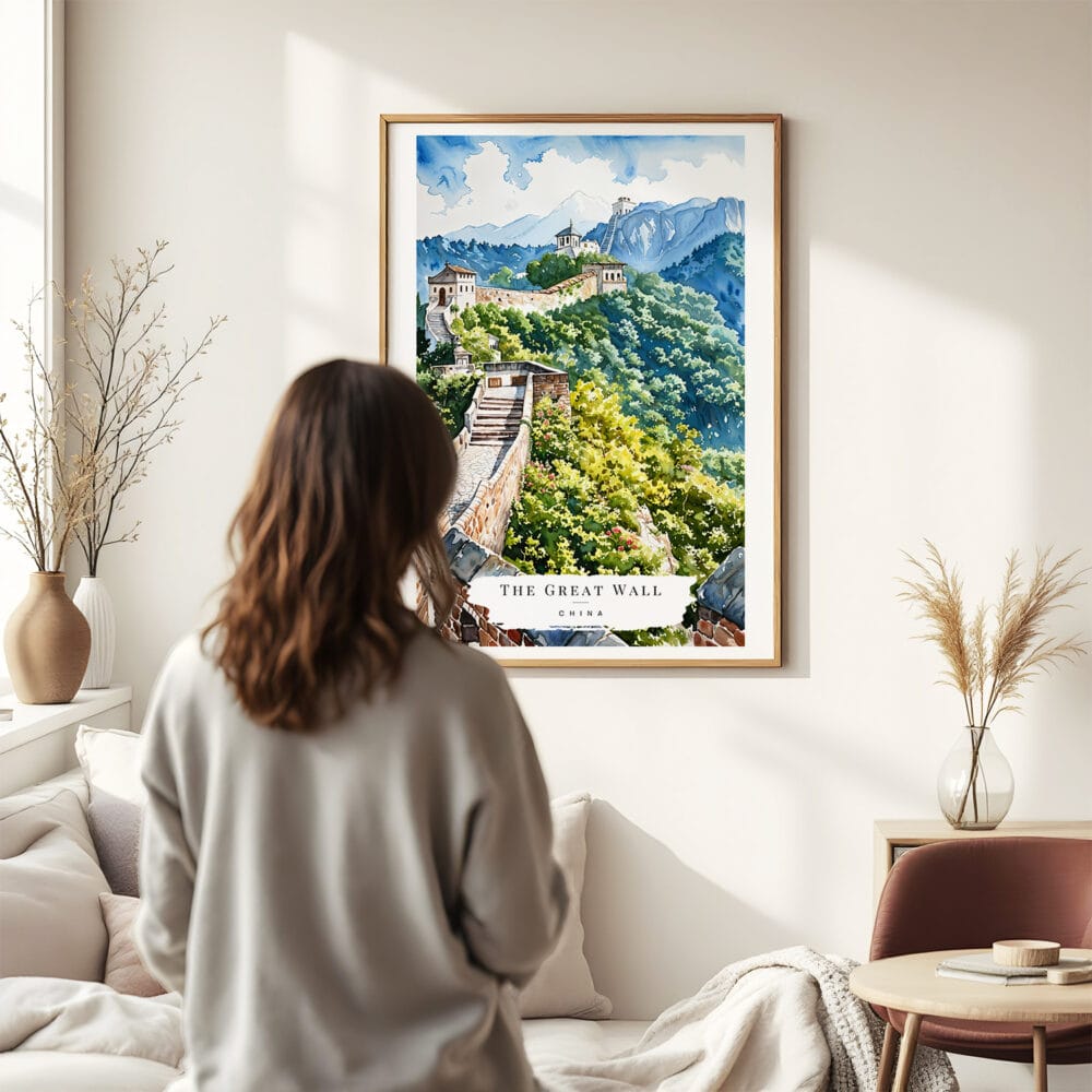 03 - Framed The Great Wall of China Watercolor Wall Art - In Living Room with Woman Looking at it - Portrait.jpg 03 - Framed The Great Wall of China Watercolor Wall Art - In Living Room with Woman Looking at it - Portrait.jpg