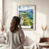03 - Framed The Great Wall of China Watercolor Wall Art - In Living Room with Woman Looking at it - Portrait.jpg