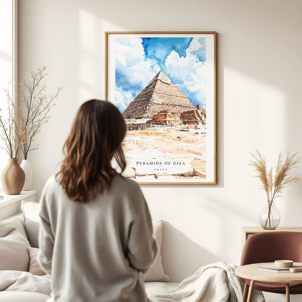 03 - Framed  The Pyramids of Giza Watercolor Wall Art - In Living Room with Woman Looking at it - Portrait.jpg 03 - Framed The Pyramids of Giza Watercolor Wall Art - In Living Room with Woman Looking at it - Portrait.jpg