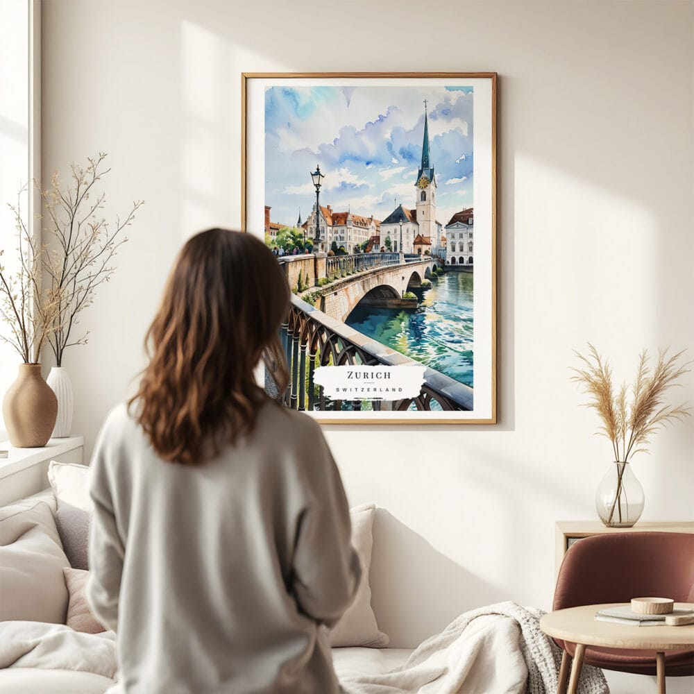 03 - Framed Zurich Switzerland Watercolor Wall Art - In Living Room with Woman Looking at it - Portrait.jpg 03 - Framed Zurich Switzerland Watercolor Wall Art - In Living Room with Woman Looking at it - Portrait.jpg