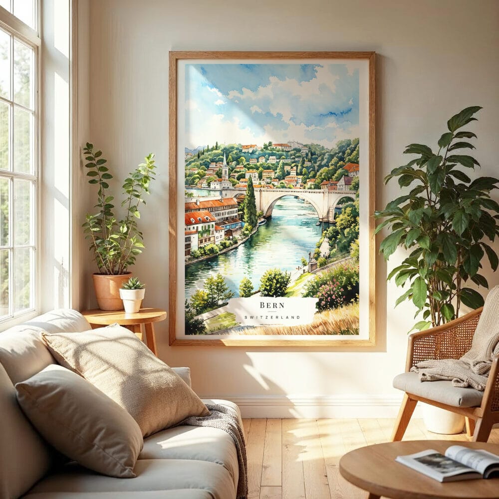 04 - Bern Switzerland Watercolor Wall Art in Boho Living Room.jpg 04 - Bern Switzerland Watercolor Wall Art in Boho Living Room.jpg