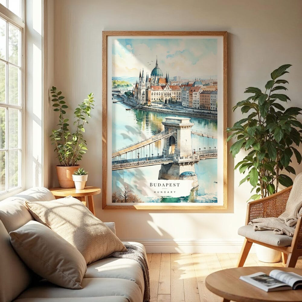 04 -  Budapest Hungary Watercolor Wall Art in Boho Living Room.jpg 04 - Budapest Hungary Watercolor Wall Art in Boho Living Room.jpg