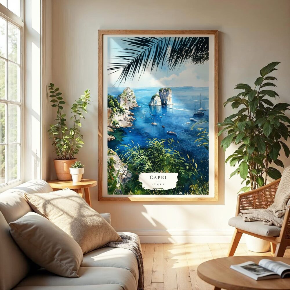 04 - Capri Italy Watercolor Wall Art in Boho Living Room.jpg 04 - Capri Italy Watercolor Wall Art in Boho Living Room.jpg