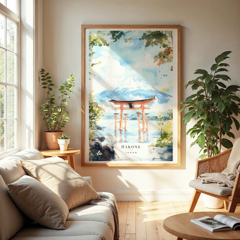 04 - Hakone Gate Watercolor Wall Art in Boho Living Room 04 - Hakone Gate Watercolor Wall Art in Boho Living Room