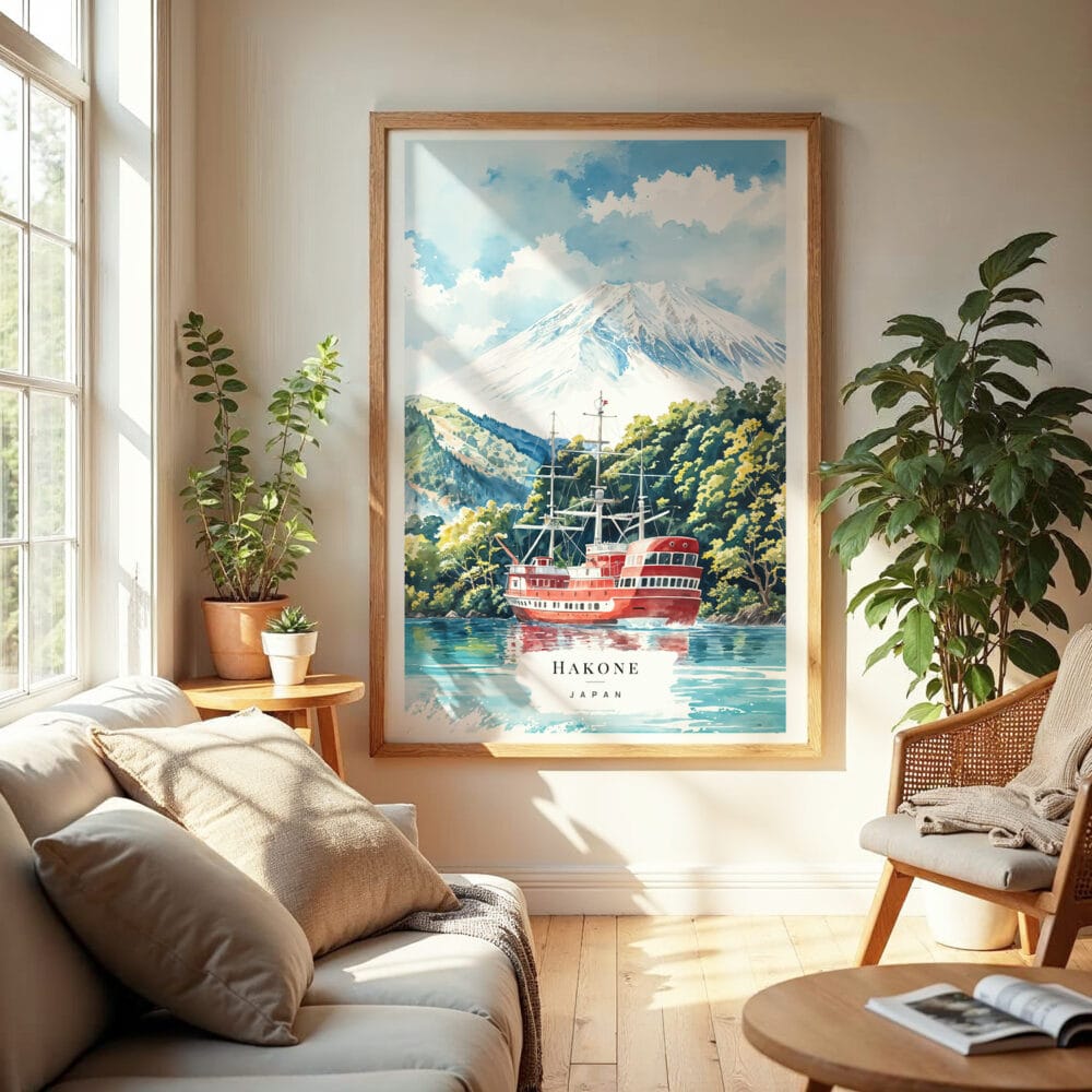 04 - Hakone with Mount Fuji Watercolor Wall Art in Boho Living Room 04 - Hakone with Mount Fuji Watercolor Wall Art in Boho Living Room