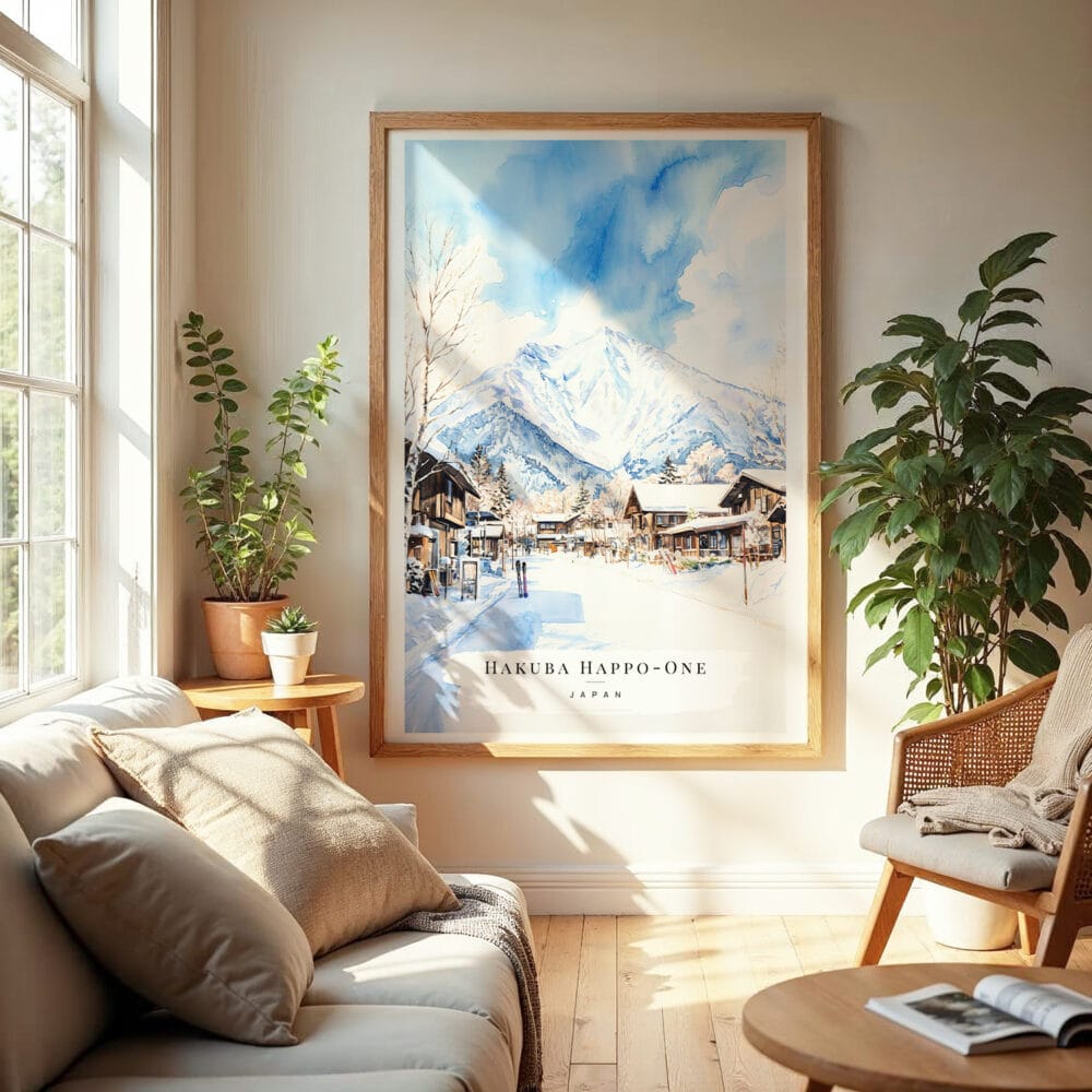 04 - Hakuba Happo One Japan Watercolor Wall Art in Boho Living Room 04 - Hakuba Happo One Japan Watercolor Wall Art in Boho Living Room