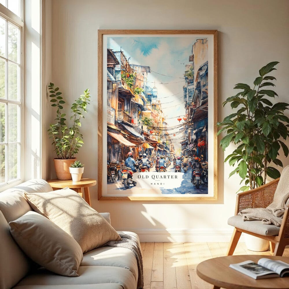 04 - Hanoi Old Quarter Watercolor Wall Art in Boho Living Room.jpg 04 - Hanoi Old Quarter Watercolor Wall Art in Boho Living Room.jpg