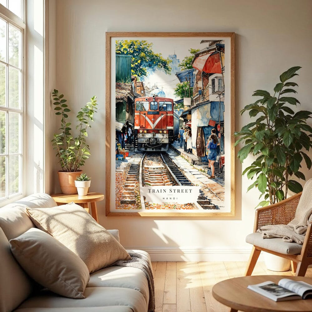 04 - Hanoi Train Street Vietnam Watercolor Wall Art in Boho Living Room.jpg 04 - Hanoi Train Street Vietnam Watercolor Wall Art in Boho Living Room.jpg