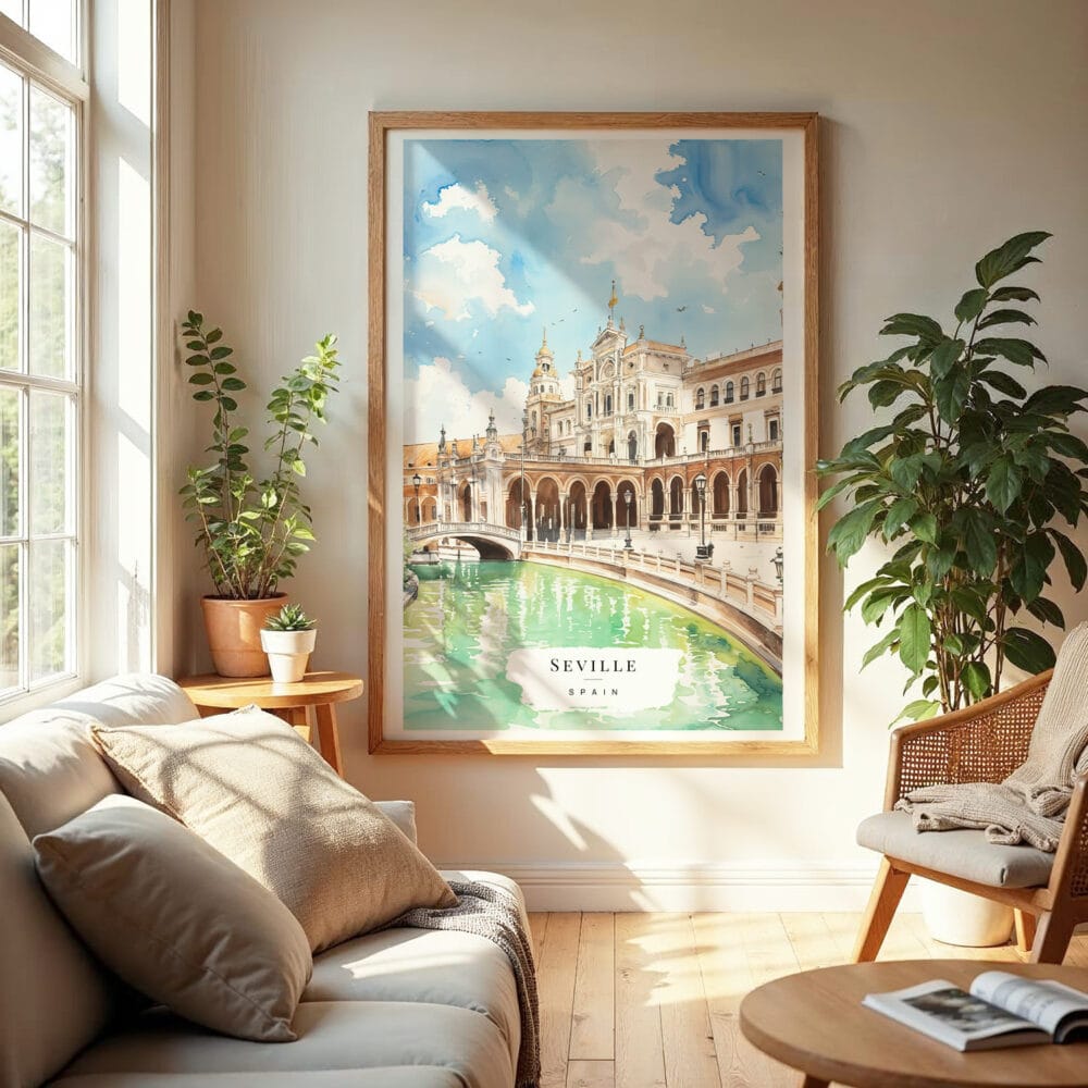 04 - Seville Plaza De Espana Watercolor Wall Art in Boho Living Room.jpg 04 - Seville Plaza De Espana Watercolor Wall Art in Boho Living Room.jpg