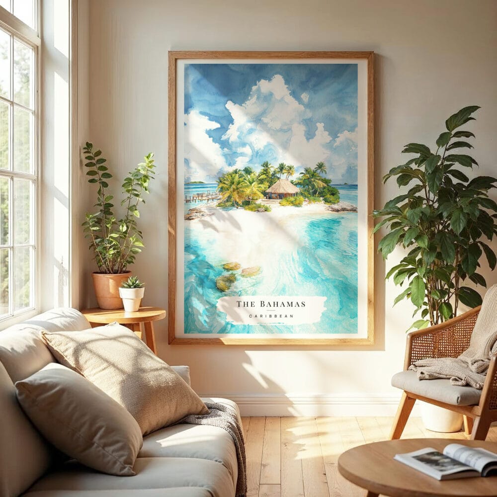 04 -  The Bahamas Watercolor Wall Art in Boho Living Room.jpg 04 - The Bahamas Watercolor Wall Art in Boho Living Room.jpg