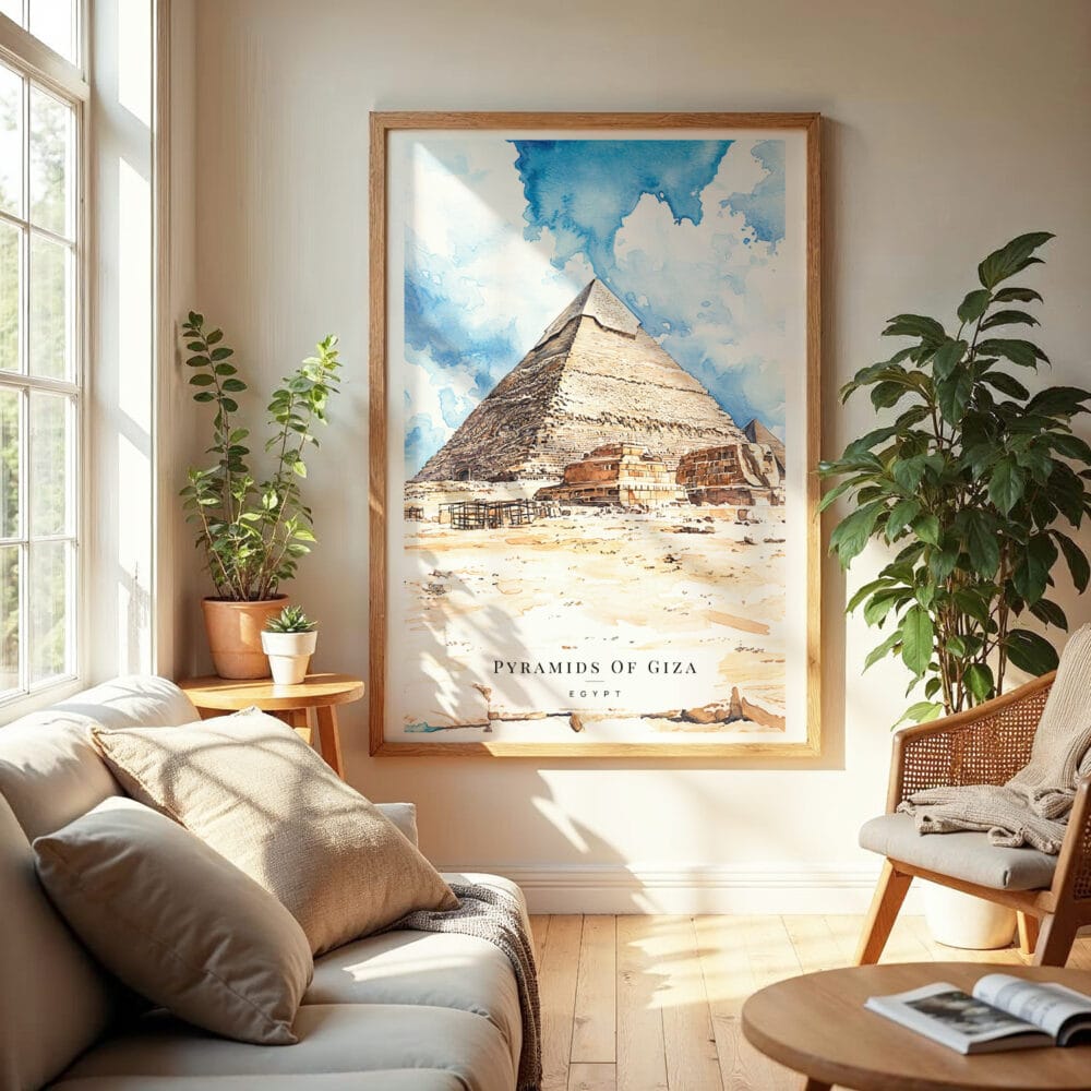 04 -  The Pyramids of Giza Watercolor Wall Art in Boho Living Room.jpg 04 - The Pyramids of Giza Watercolor Wall Art in Boho Living Room.jpg