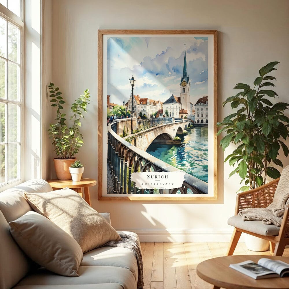 04 - Zurich Switzerland Watercolor Wall Art in Boho Living Room.jpg 04 - Zurich Switzerland Watercolor Wall Art in Boho Living Room.jpg
