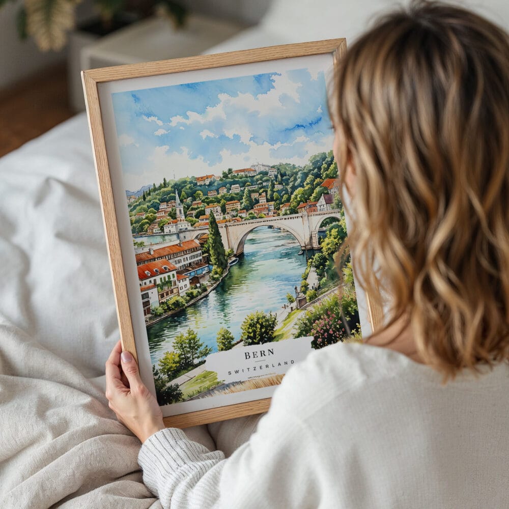 05 - Woman Holding Framed Bern Switzerland Watercolor Wall Art - Portrait.jpg 05 - Woman Holding Framed Bern Switzerland Watercolor Wall Art - Portrait.jpg