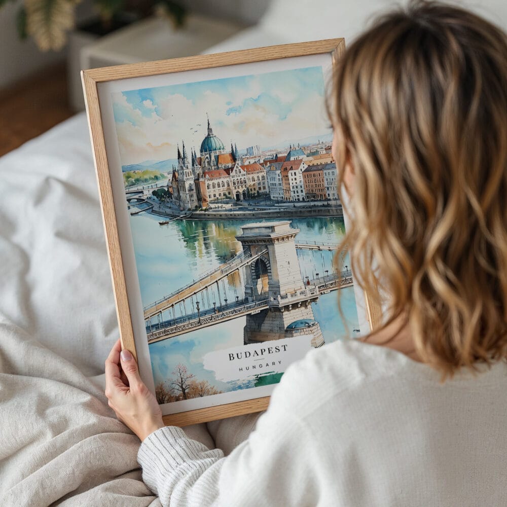 05 - Woman Holding Framed  Budapest Hungary Watercolor Wall Art - Portrait.jpg 05 - Woman Holding Framed Budapest Hungary Watercolor Wall Art - Portrait.jpg