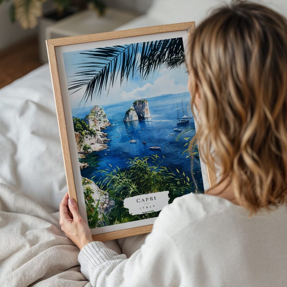 05 - Woman Holding Framed Capri Italy Watercolor Wall Art - Portrait.jpg 05 - Woman Holding Framed Capri Italy Watercolor Wall Art - Portrait.jpg