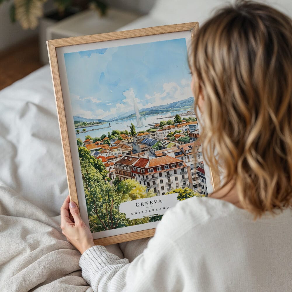 05 - Woman Holding Framed Geneva Switzerland Watercolor Wall Art - Portrait.jpg 05 - Woman Holding Framed Geneva Switzerland Watercolor Wall Art - Portrait.jpg