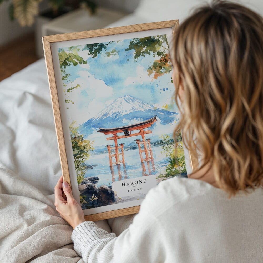 05 - Woman Holding Framed Hakone Gate Watercolor Wall Art - Portrait 05 - Woman Holding Framed Hakone Gate Watercolor Wall Art - Portrait