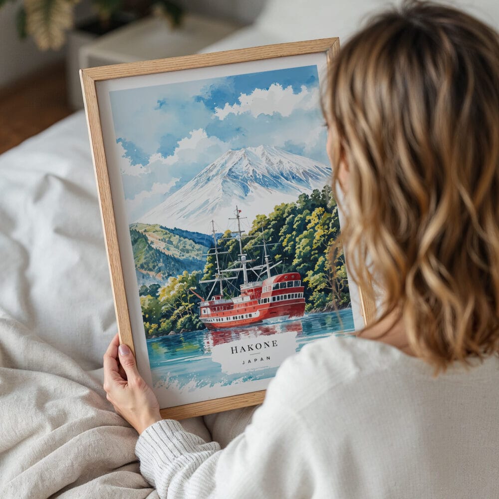 05 - Woman Holding Framed Hakone with Mount Fuji Watercolor Wall Art - Portrait 05 - Woman Holding Framed Hakone with Mount Fuji Watercolor Wall Art - Portrait