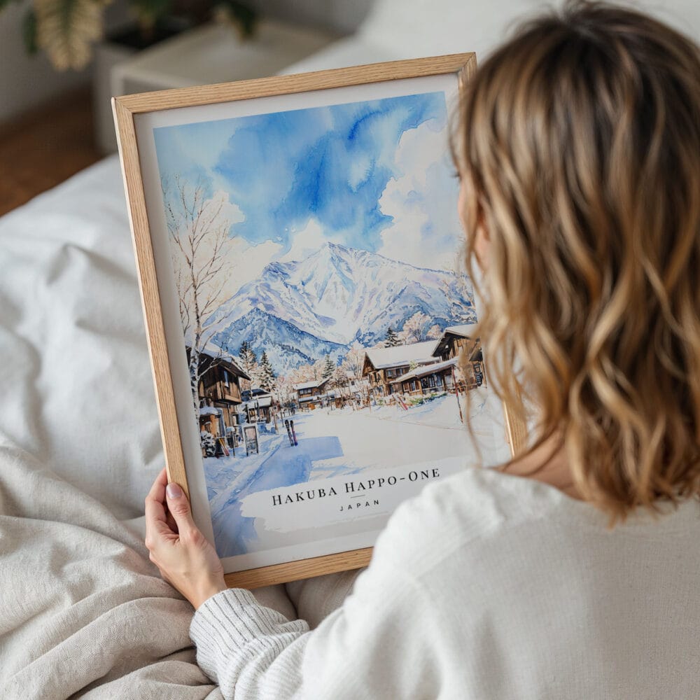 05 - Woman Holding Framed Hakuba Happo One Japan Watercolor Wall Art - Portrait 05 - Woman Holding Framed Hakuba Happo One Japan Watercolor Wall Art - Portrait