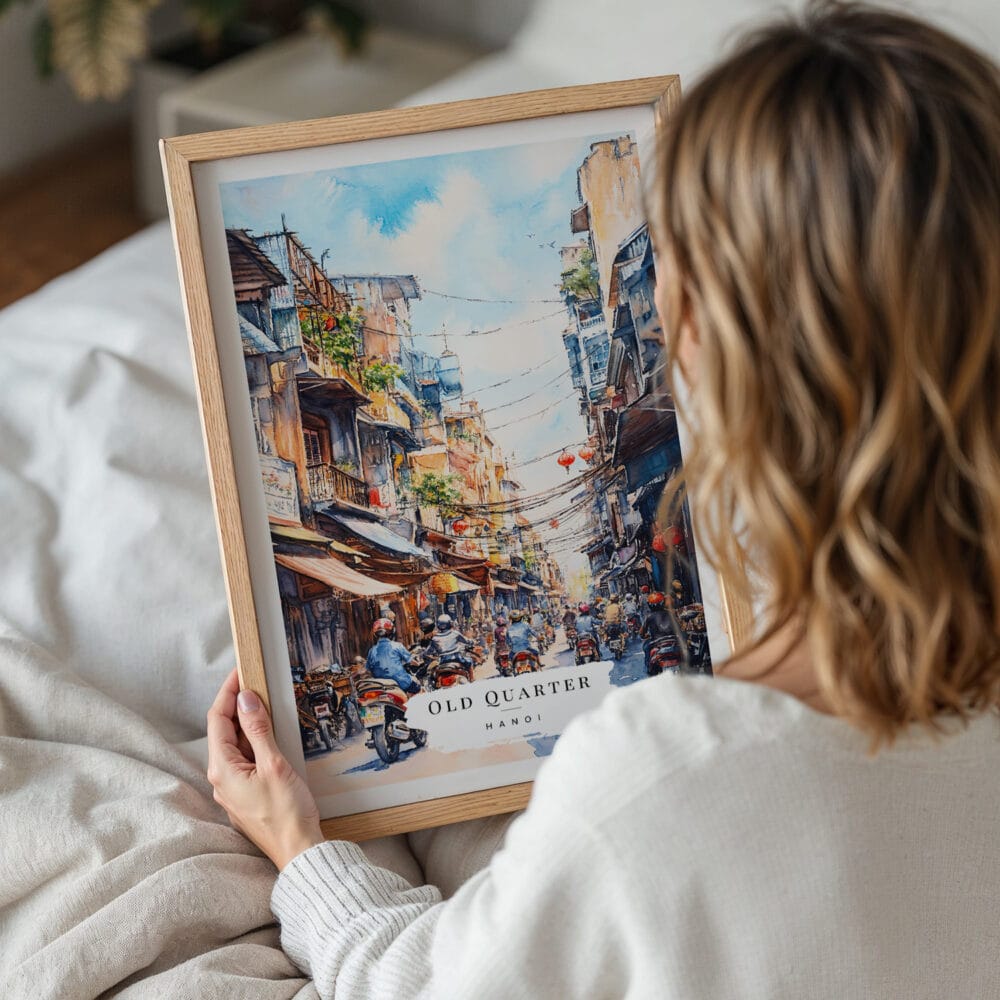 05 - Woman Holding Framed Hanoi Old Quarter Watercolor Wall Art - Portrait.jpg 05 - Woman Holding Framed Hanoi Old Quarter Watercolor Wall Art - Portrait.jpg