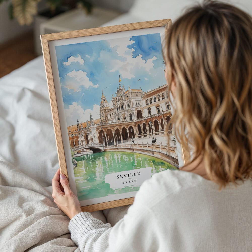 05 - Woman Holding Framed Seville Plaza De Espana Watercolor Wall Art - Portrait.jpg 05 - Woman Holding Framed Seville Plaza De Espana Watercolor Wall Art - Portrait.jpg