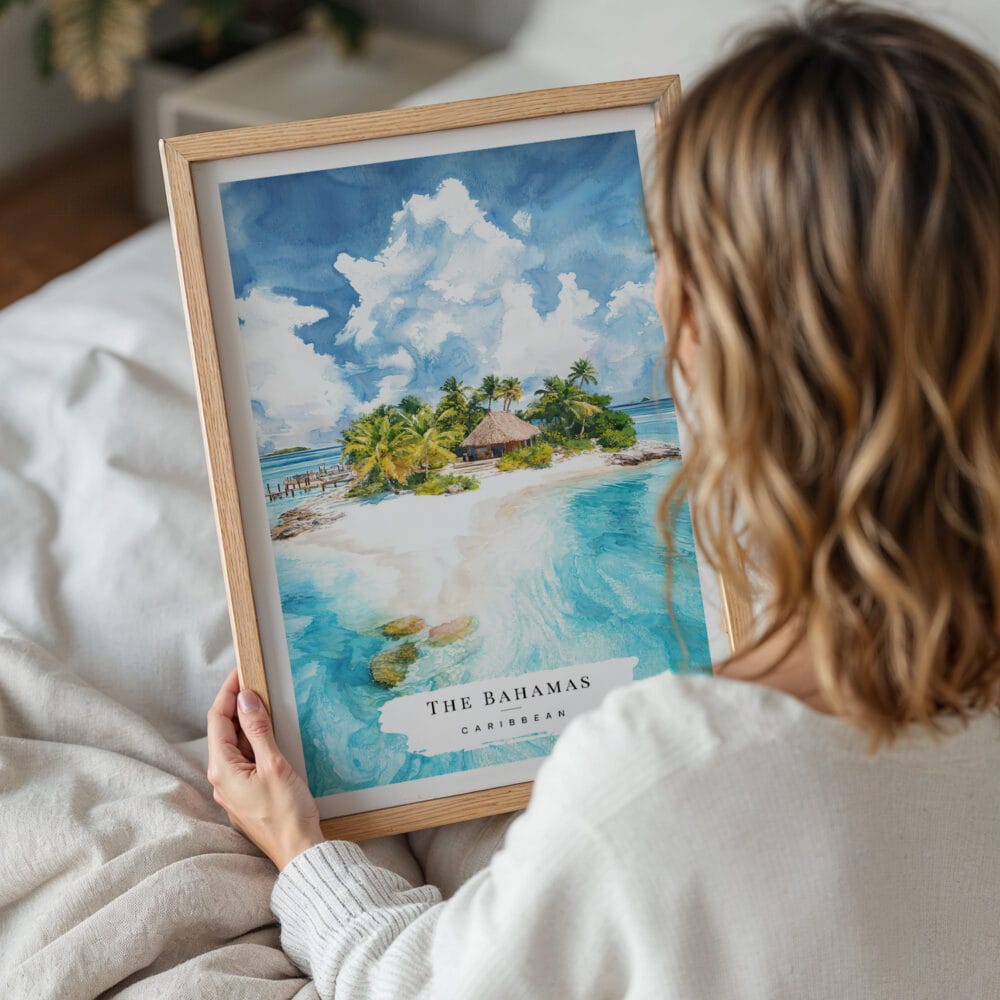 05 - Woman Holding Framed  The Bahamas Watercolor Wall Art - Portrait.jpg 05 - Woman Holding Framed The Bahamas Watercolor Wall Art - Portrait.jpg