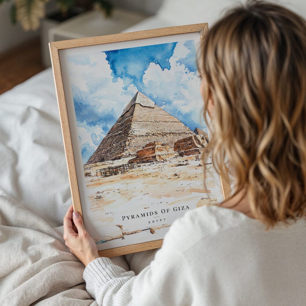 05 - Woman Holding Framed  The Pyramids of Giza Watercolor Wall Art - Portrait.jpg 05 - Woman Holding Framed The Pyramids of Giza Watercolor Wall Art - Portrait.jpg