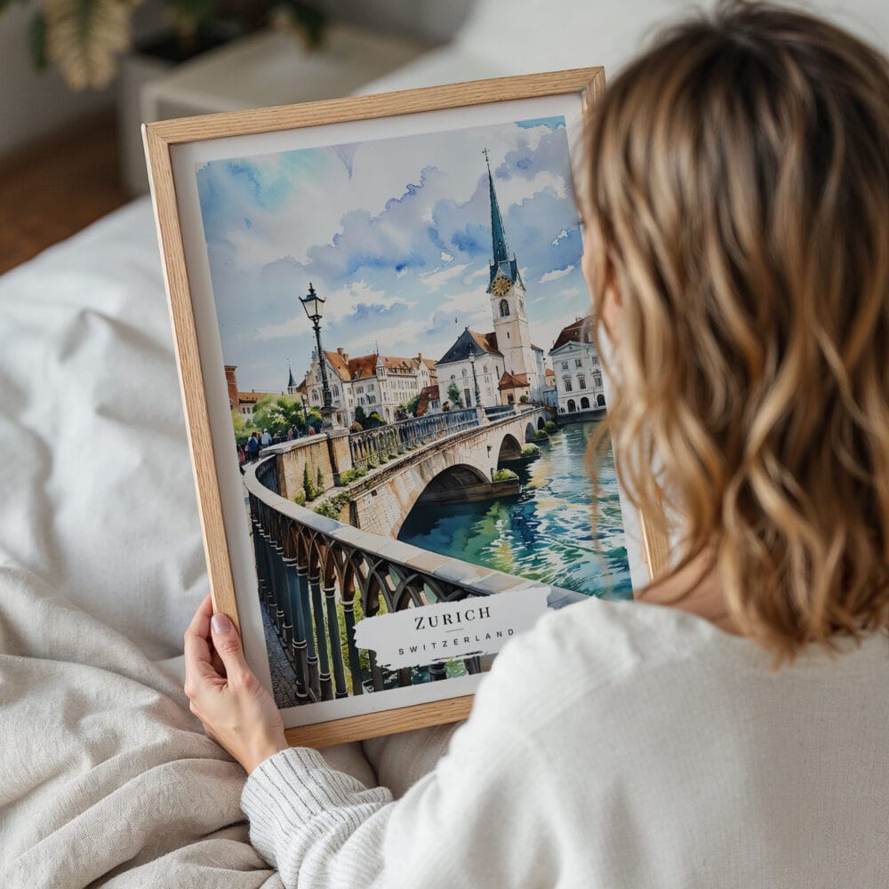 05 - Woman Holding Framed Zurich Switzerland Watercolor Wall Art - Portrait.jpg 05 - Woman Holding Framed Zurich Switzerland Watercolor Wall Art - Portrait.jpg
