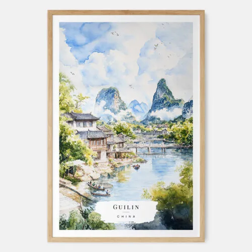 00 - Guilin China Watercolor Art Print - Main - Wood Frame.jpg