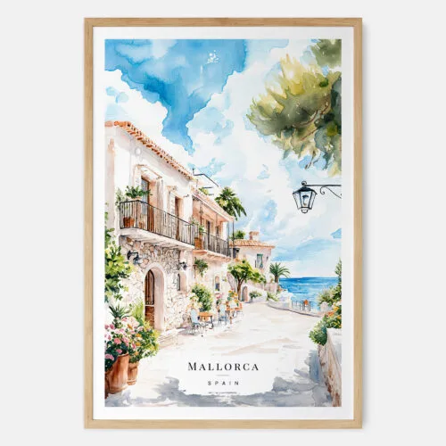 00 - Mallorca Spain Watercolor Art Print - Main - Wood Frame.jpg