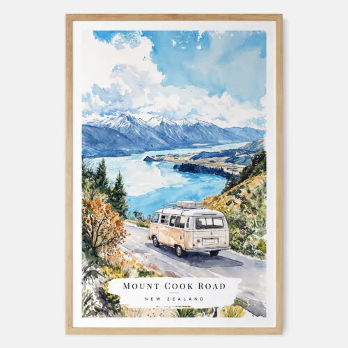 00 - Mount Cook Road NZ Watercolor Art Print - Main - Wood Frame.jpg
