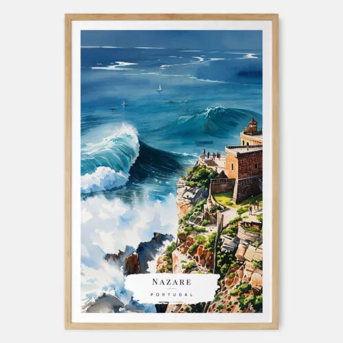 00 - Nazare Portugal Watercolor Art Print - Main - Wood Frame.jpg