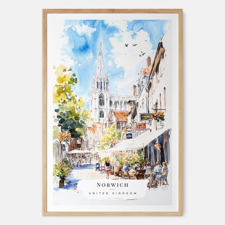 00 - Norwich England Watercolor Art Print - Main - Wood Frame.jpg