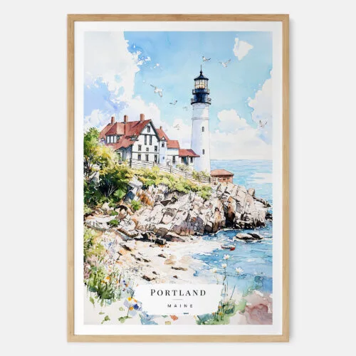 00 - Portland Maine Watercolor Art Print - Main - Wood Frame.jpg