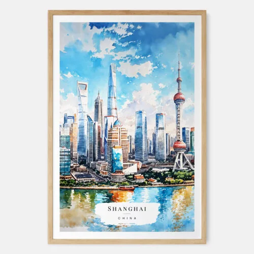 00 - Shanghai China Watercolor Art Print - Main - Wood Frame.jpg