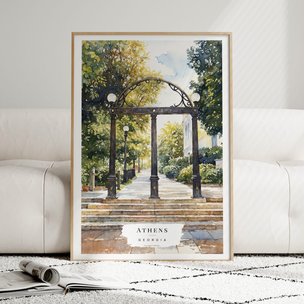 01 - Framed Athens Georgia Arch Watercolor Wall Art leaning against couch - Portrait.jpg 01 - Framed Athens Georgia Arch Watercolor Wall Art leaning against couch - Portrait.jpg